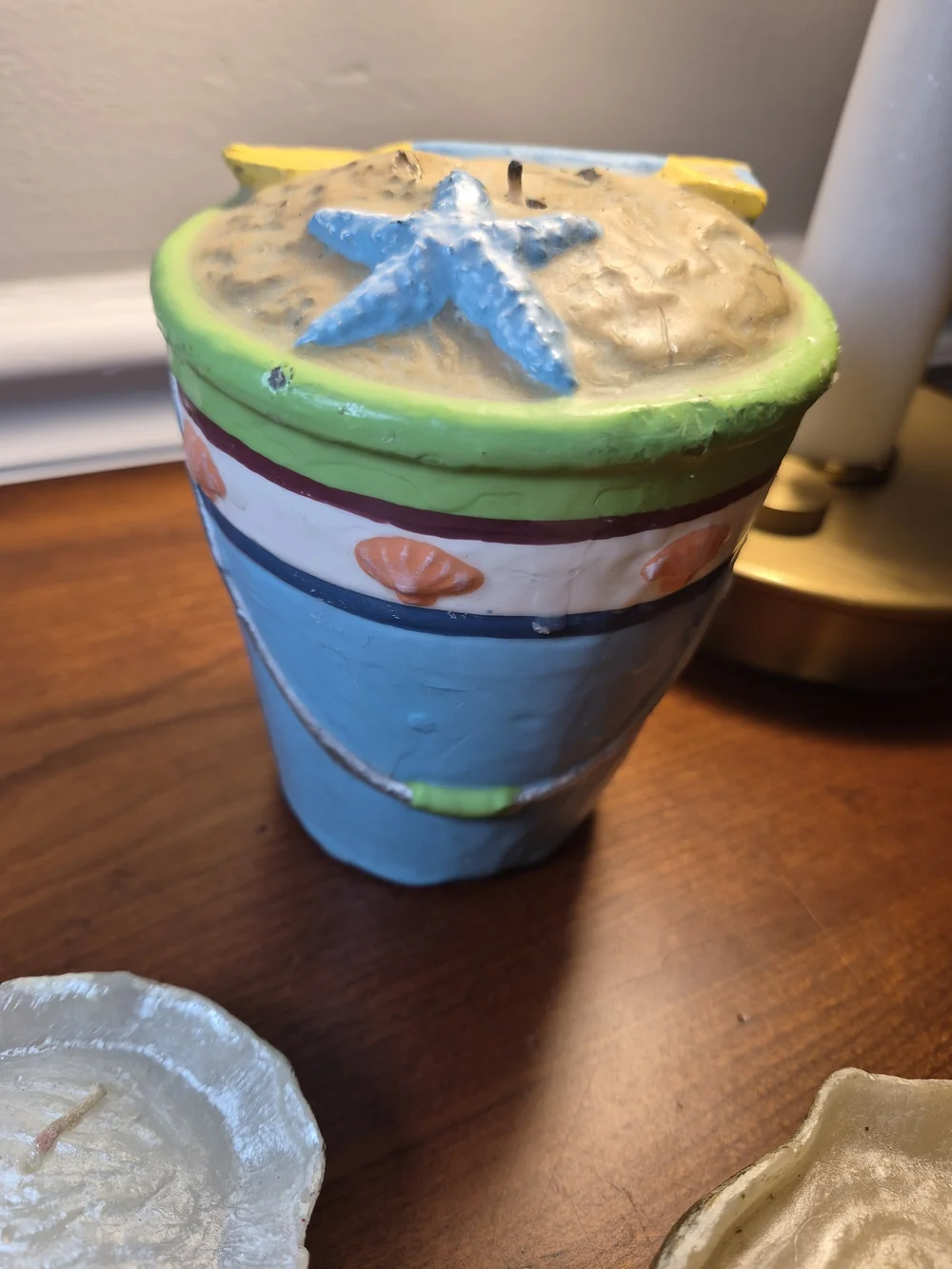 Coastal Starfish Candle Jar in Blue, Green and Yellow And Two Oysters